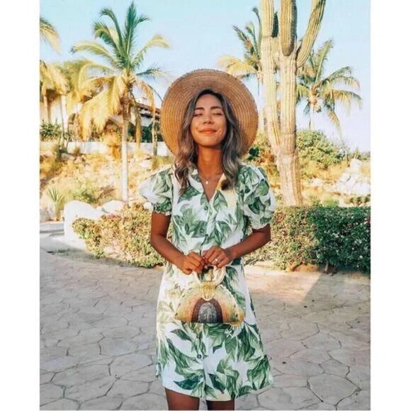 H&M Linen Blend Mini Dress S Lemon Leaf Print Cotton Blogger Fav Summer Vacation - Picture 1 of 14